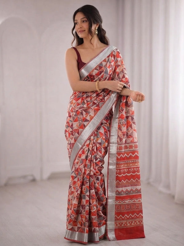 White printed saree with blouse piece