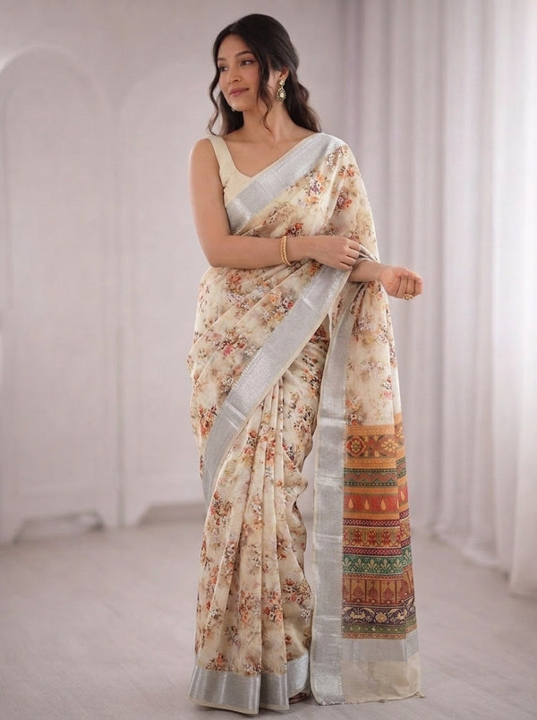 Cream printed saree with blouse piece