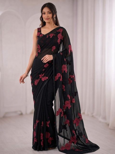Black Floral Print Georgette Saree