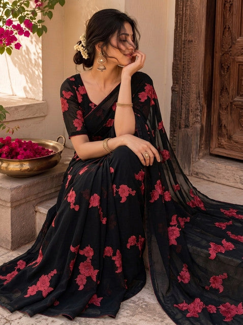 Black Floral Print Georgette Saree