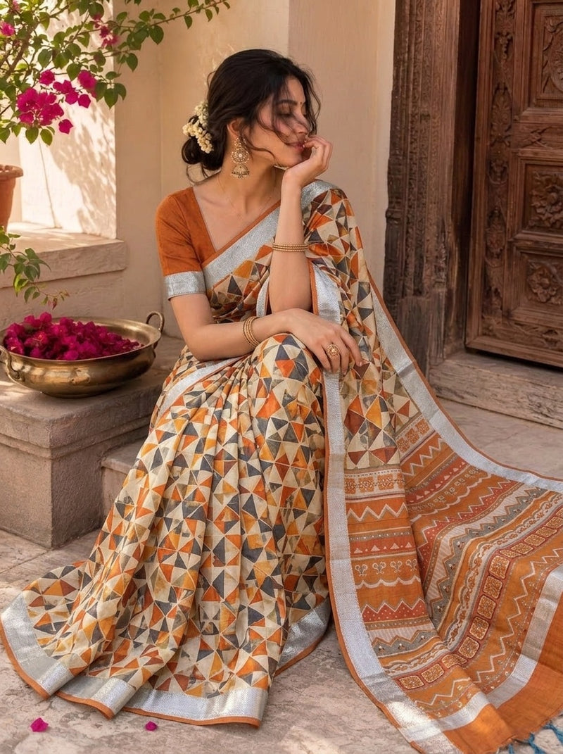 Beige printed saree with blouse piece