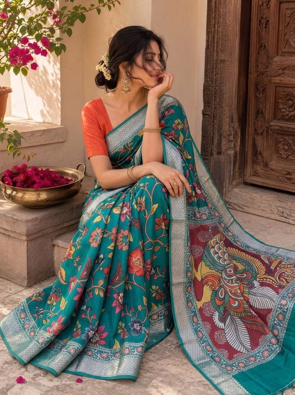 Teal printed saree with blouse piece