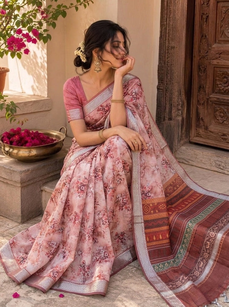 Pink printed saree with blouse piece