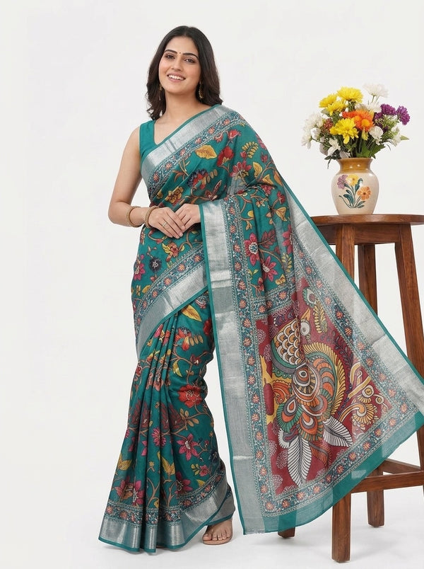 Teal printed saree with blouse piece