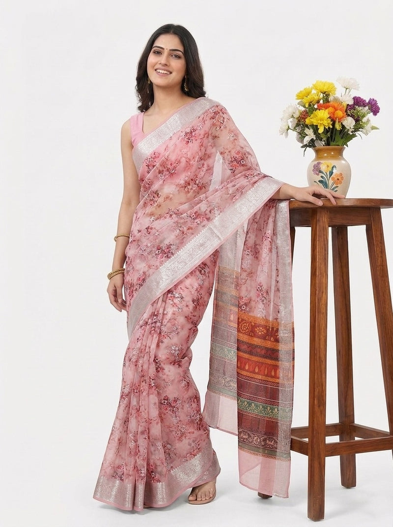 Pink printed saree with blouse piece