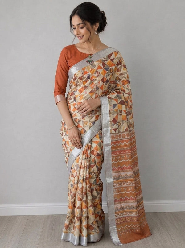 Beige printed saree with blouse piece