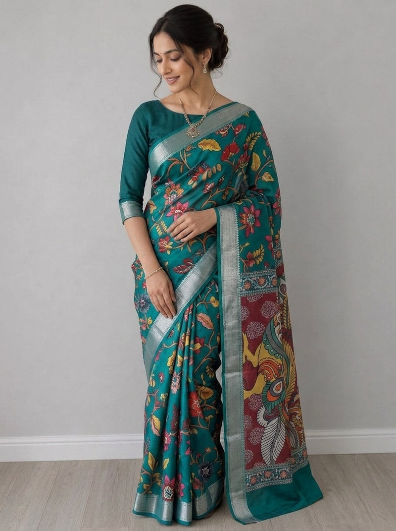 Teal printed saree with blouse piece