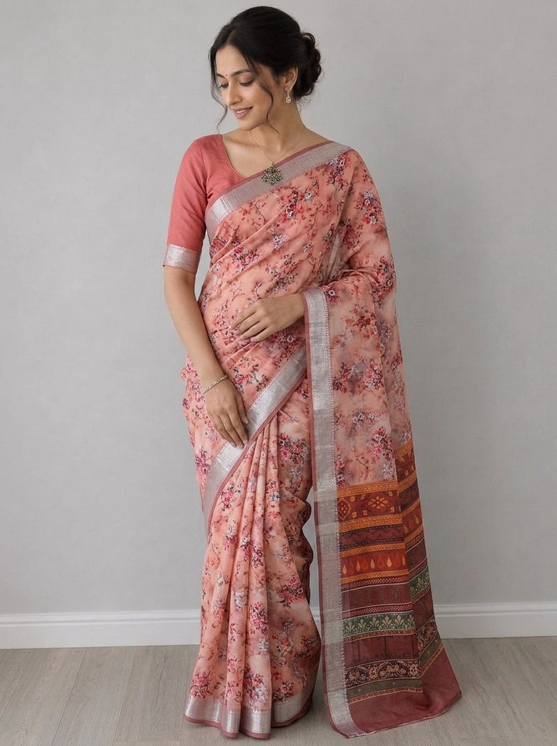 Pink printed saree with blouse piece