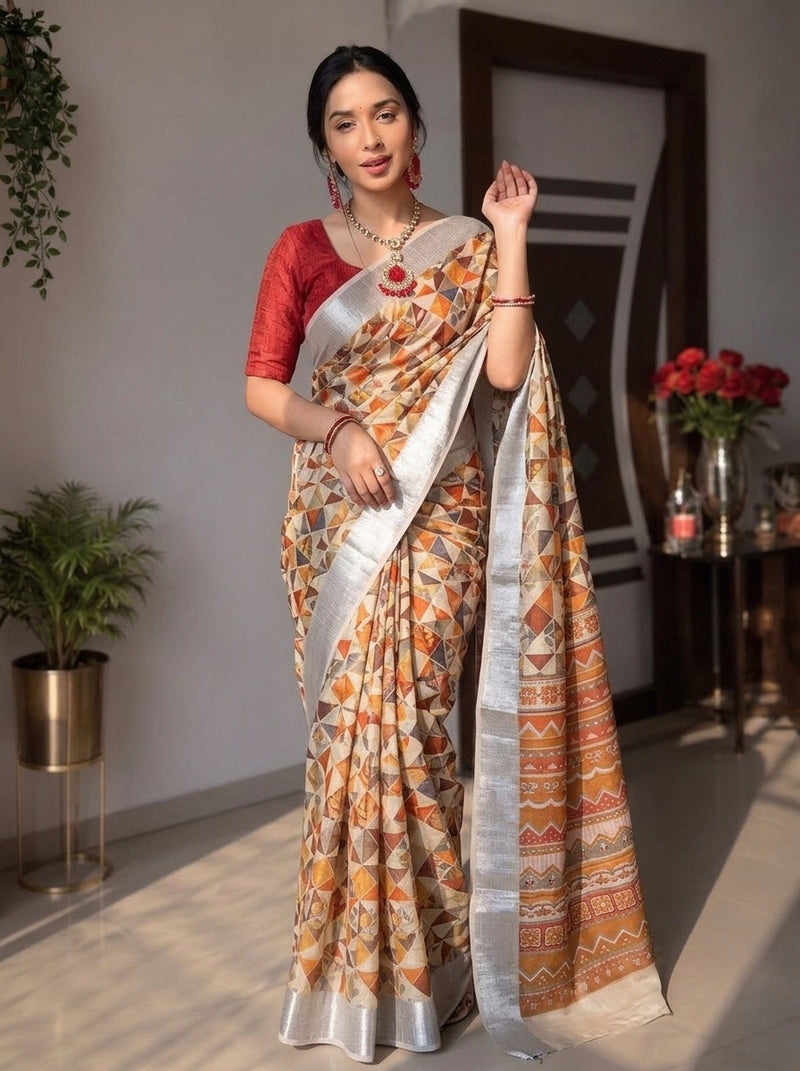 Beige printed saree with blouse piece