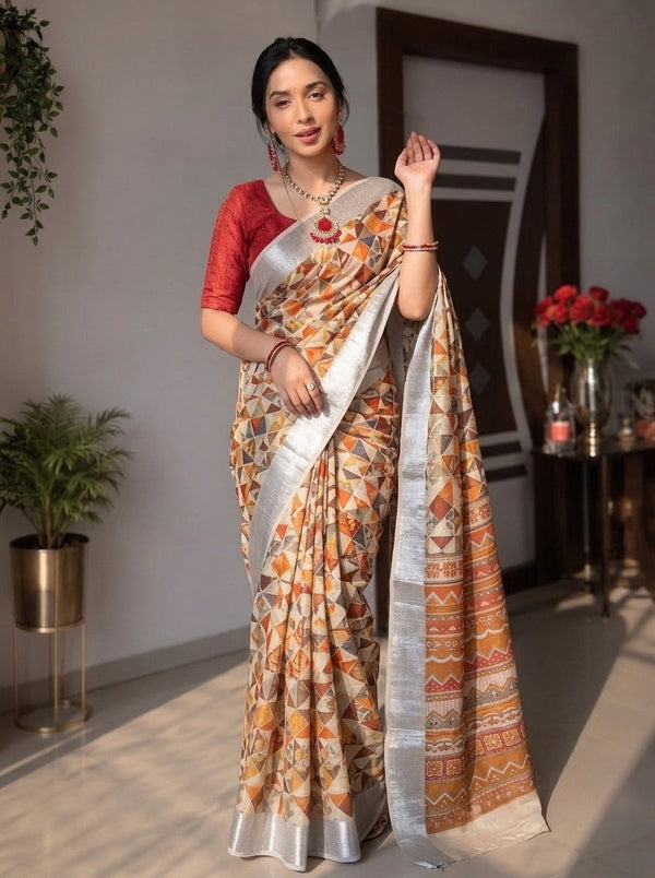 Beige printed saree with blouse piece