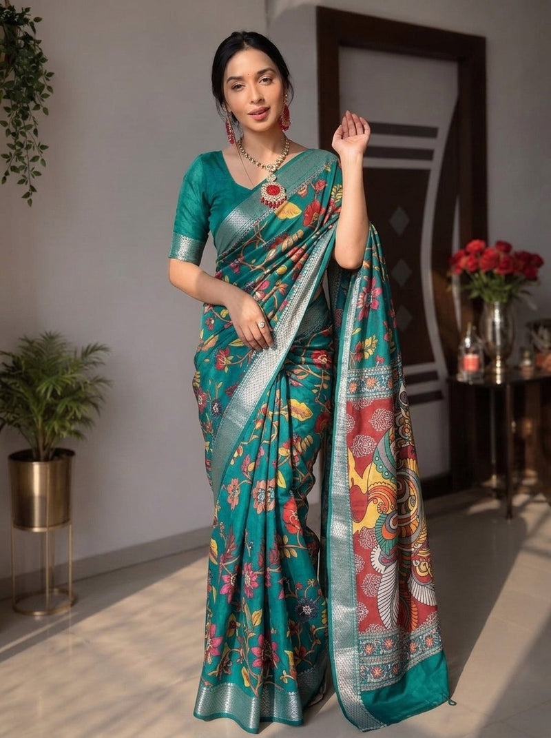 Teal printed saree with blouse piece