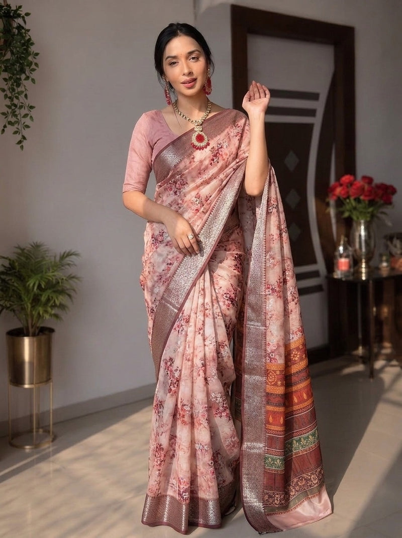Pink printed saree with blouse piece
