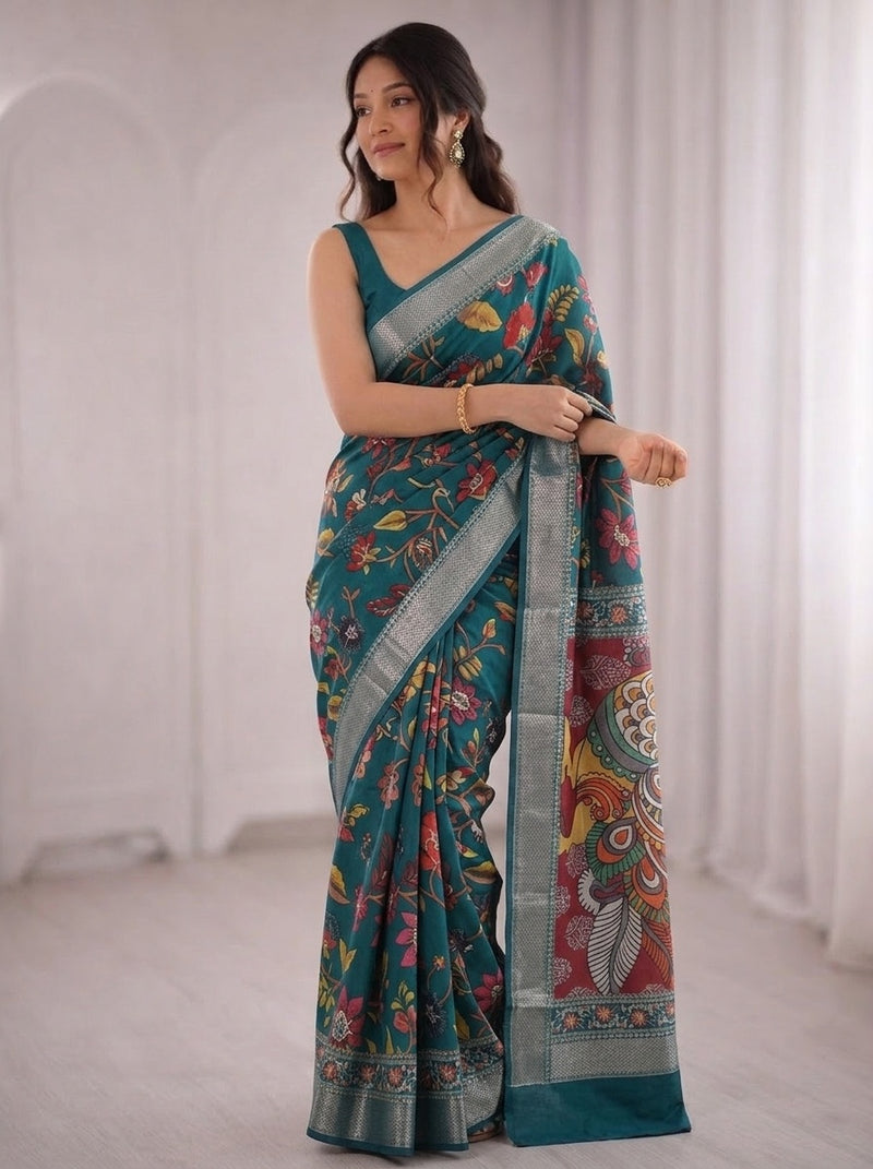 Teal printed saree with blouse piece