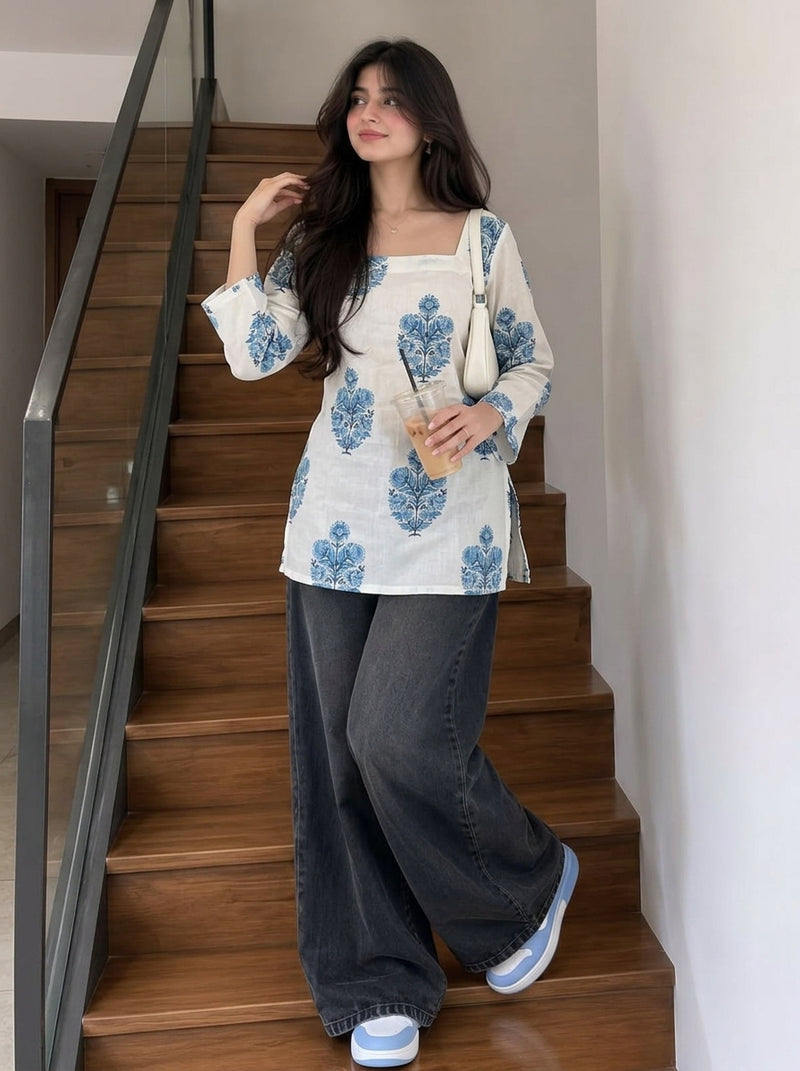White printed short kurti