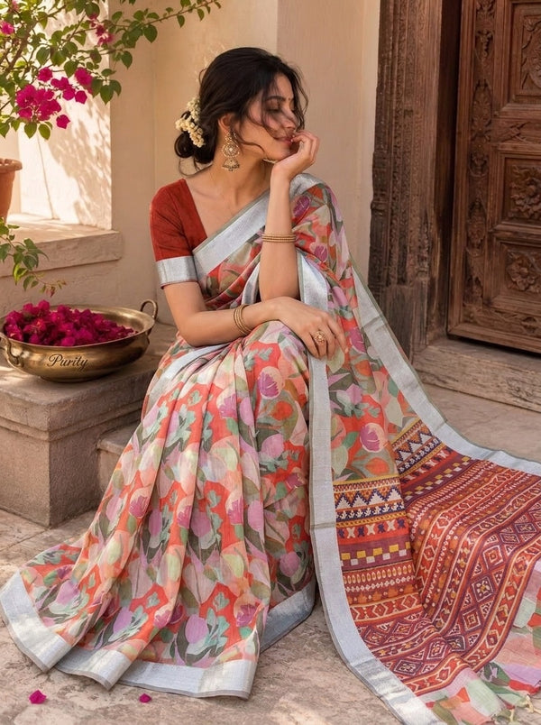 Beige printed saree with blouse piece