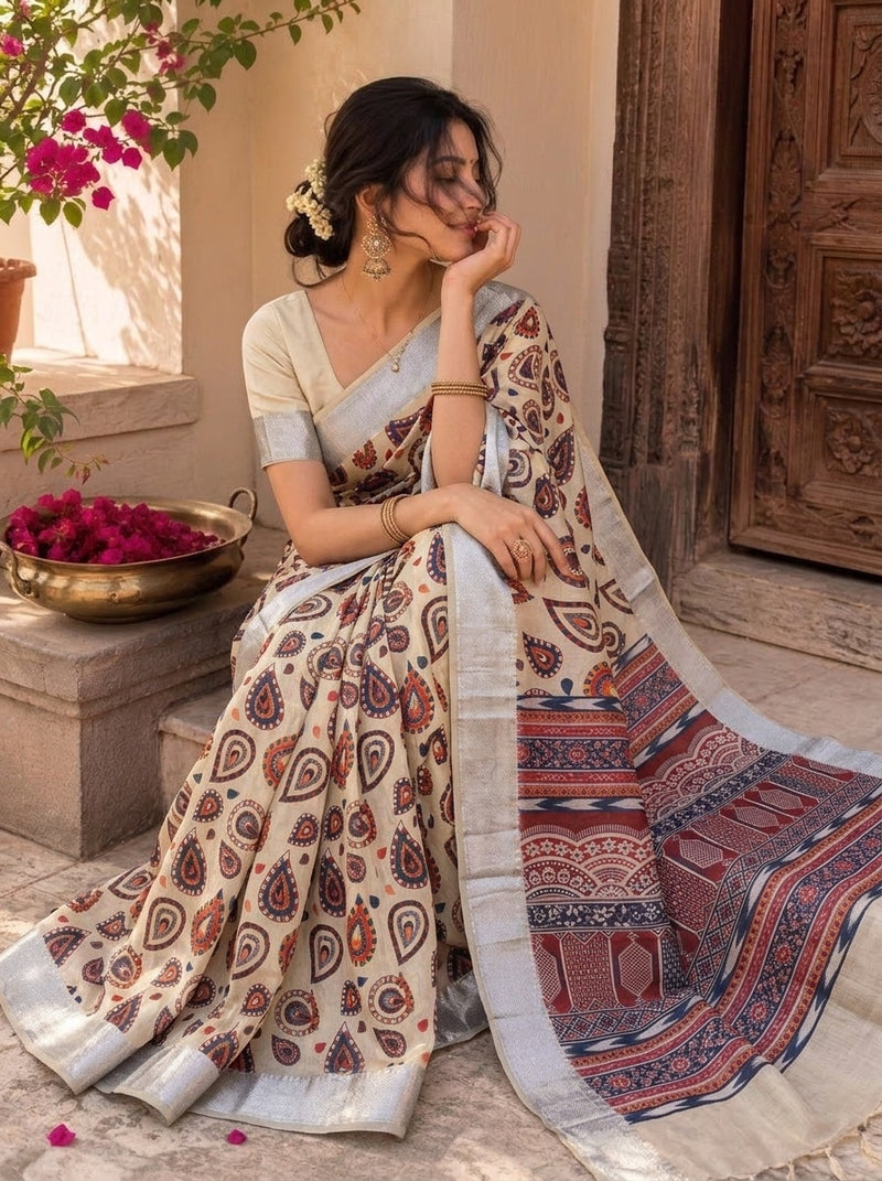 Beige printed saree with blouse piece