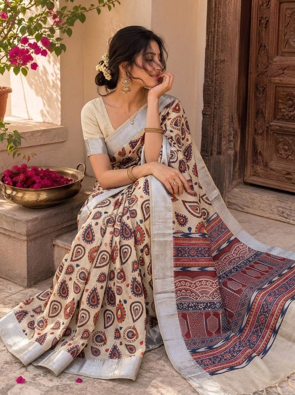 Beige printed saree with blouse piece
