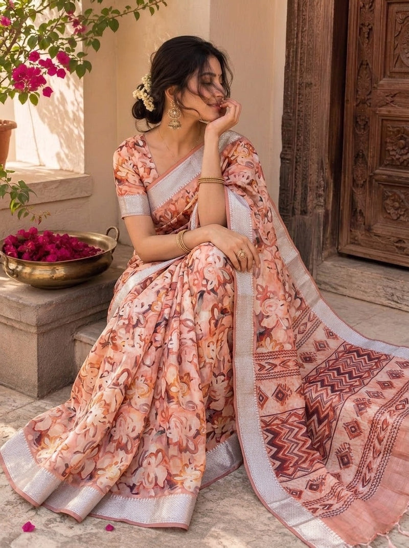 Peach printed saree with blouse piece