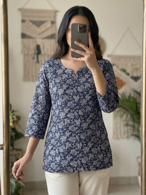 Navy Blue Floral Print Notch Neck 3/4 Sleeve Short Kurti