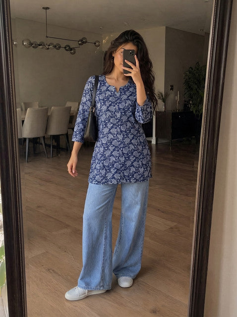 Navy Blue Floral Print Notch Neck 3/4 Sleeve Short Kurti
