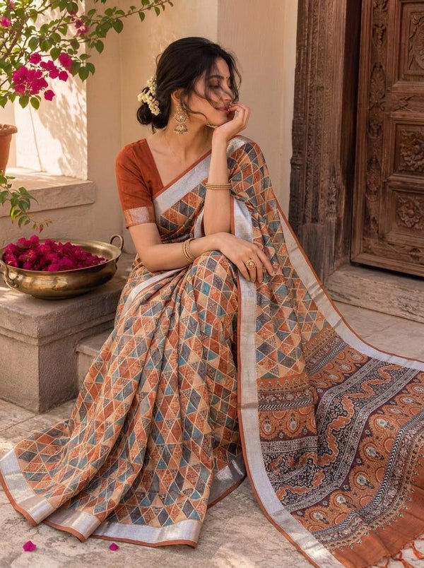 Beige printed saree with blouse piece