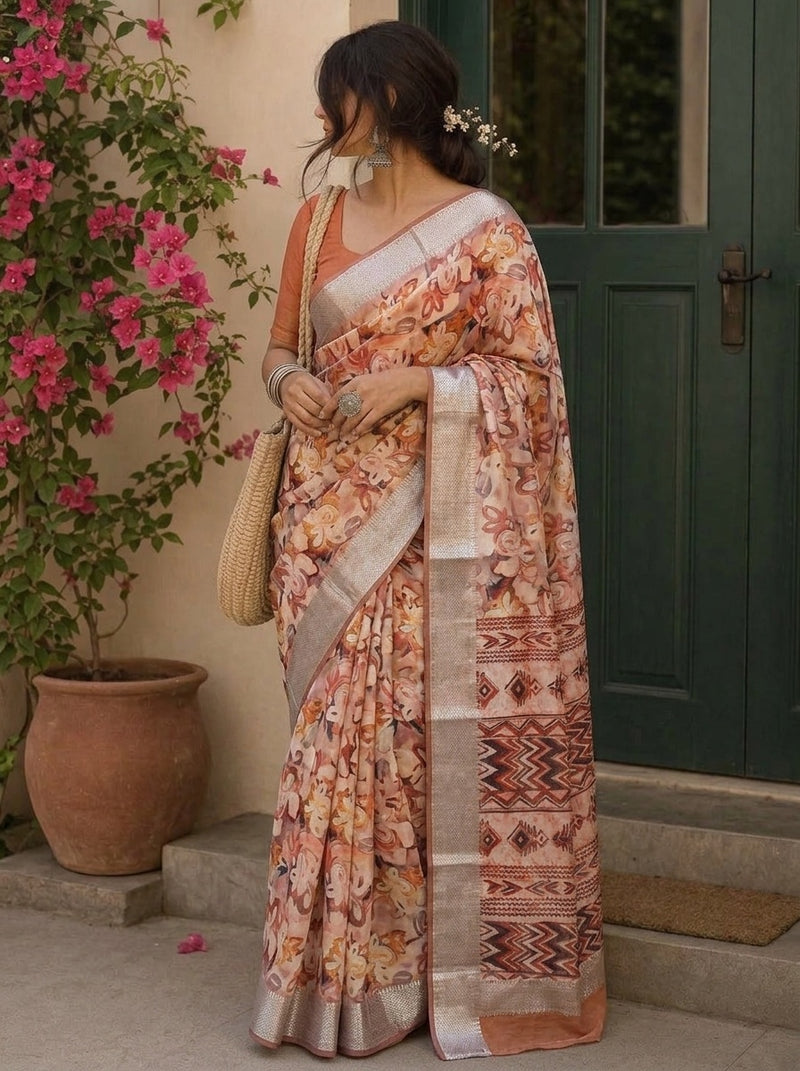 Peach printed saree with blouse piece