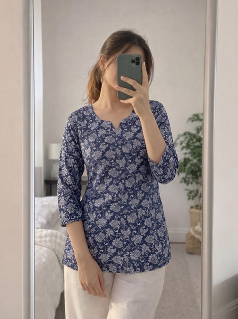 Navy Blue Floral Print Notch Neck 3/4 Sleeve Short Kurti