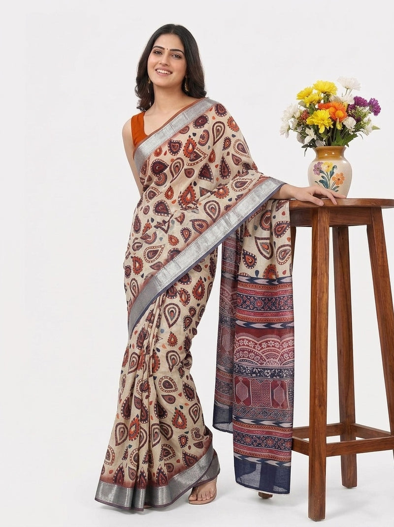 Beige printed saree with blouse piece