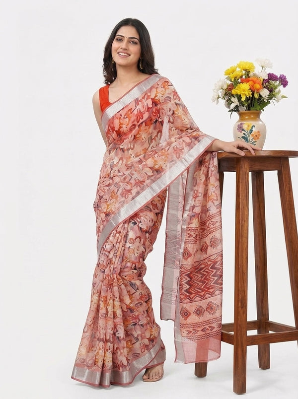 Peach printed saree with blouse piece
