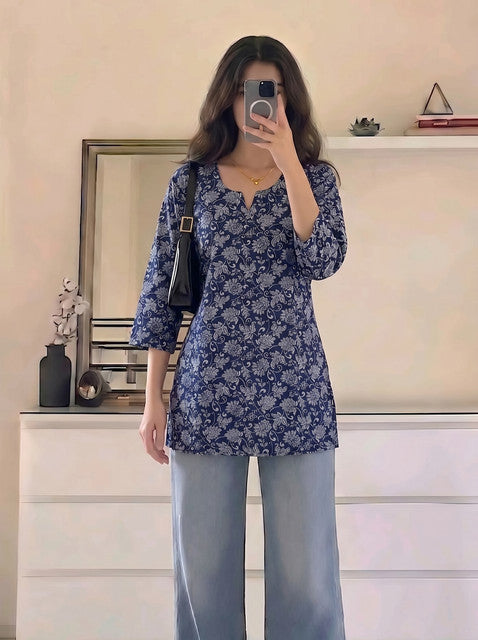 Navy Blue Floral Print Notch Neck 3/4 Sleeve Short Kurti