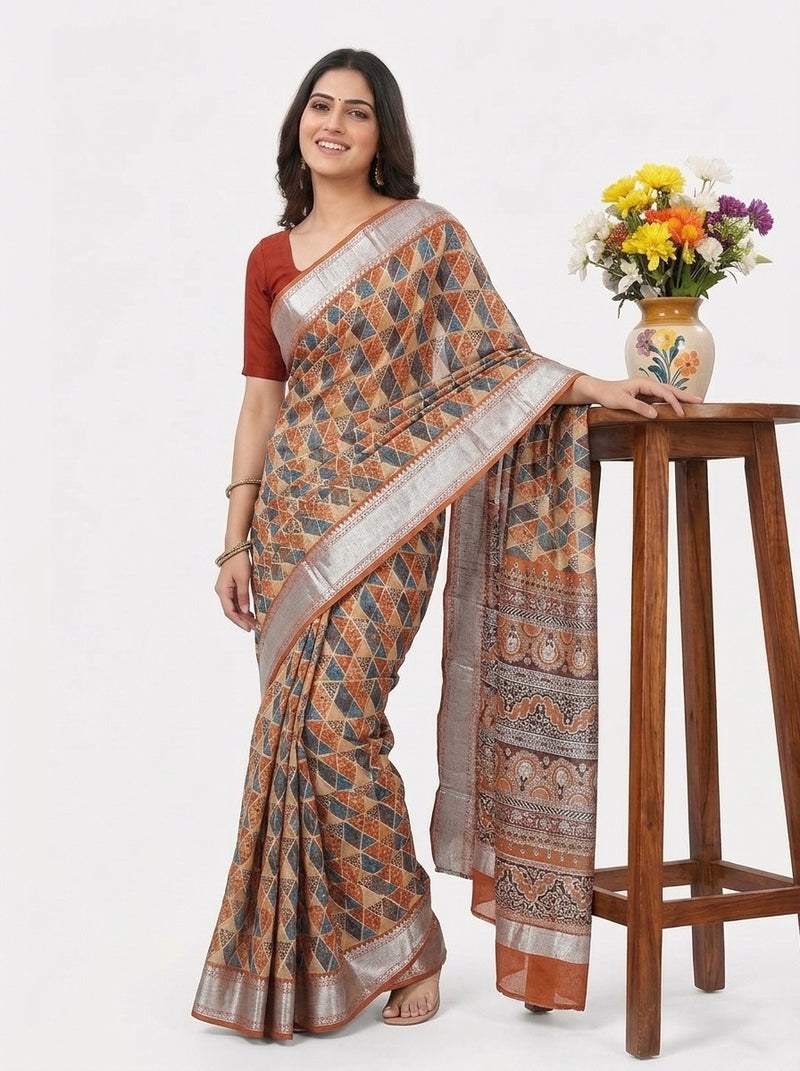 Beige printed saree with blouse piece