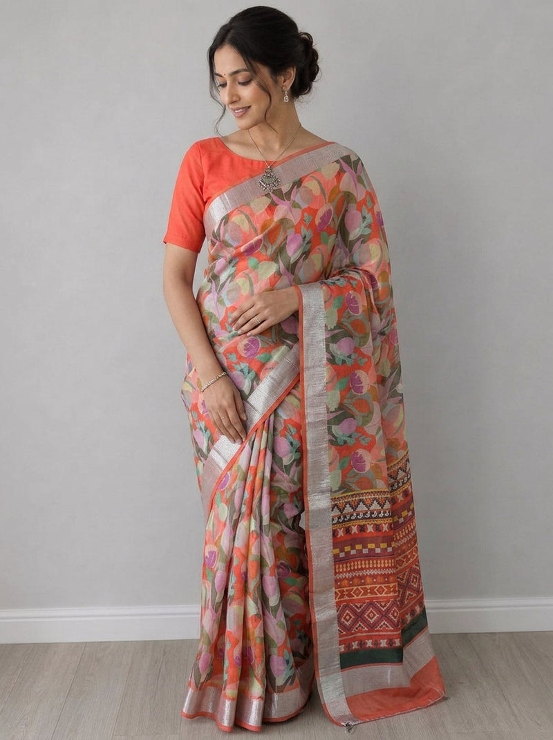 Beige printed saree with blouse piece