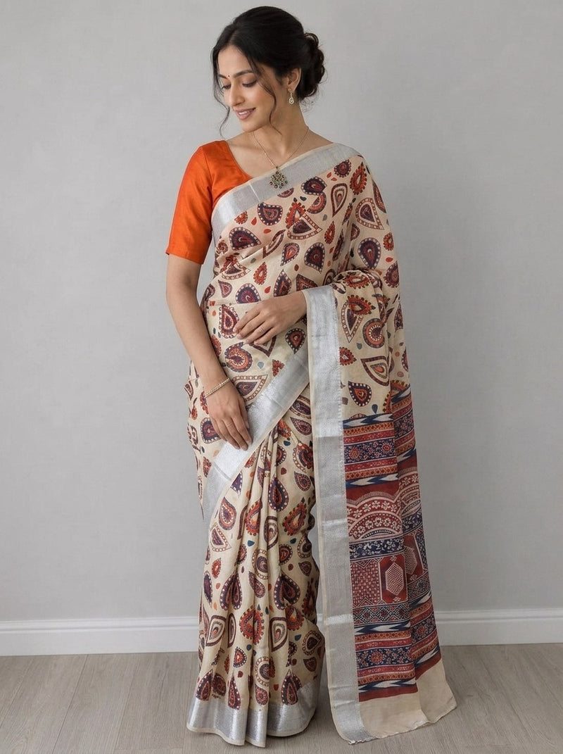Beige printed saree with blouse piece