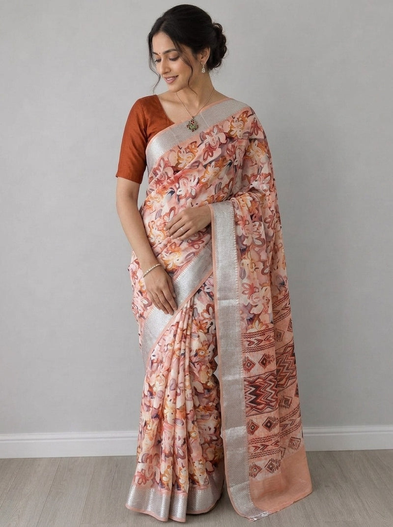 Peach printed saree with blouse piece