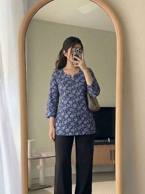 Navy Blue Floral Print Notch Neck 3/4 Sleeve Short Kurti