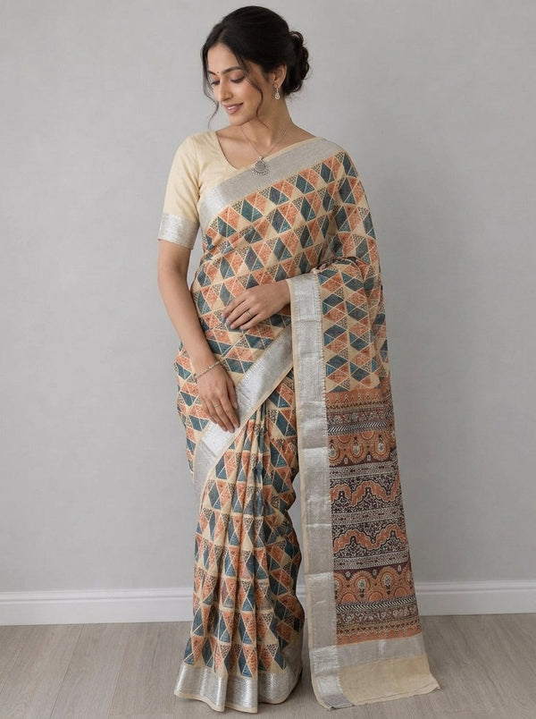 Beige printed saree with blouse piece