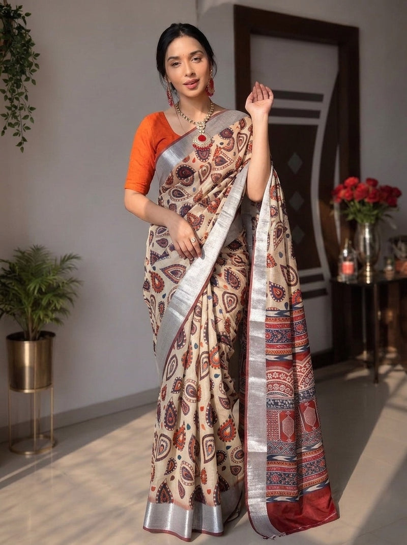 Beige printed saree with blouse piece