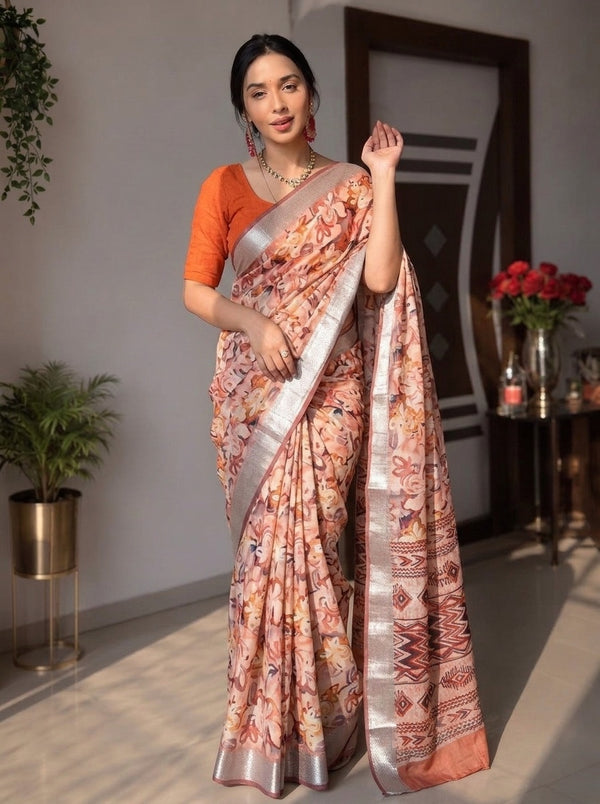 Peach printed saree with blouse piece