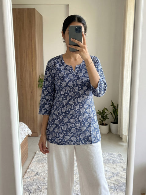 Navy Blue Floral Print Notch Neck 3/4 Sleeve Short Kurti