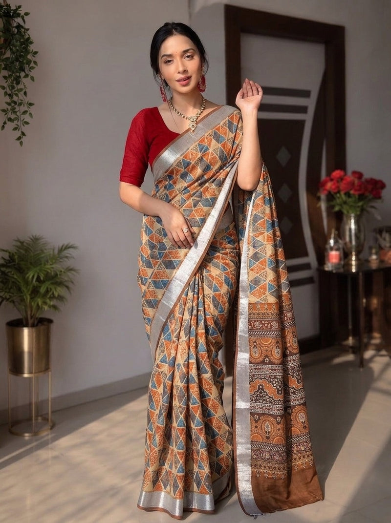 Beige printed saree with blouse piece