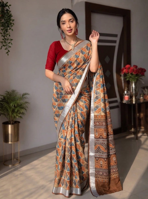 Beige printed saree with blouse piece