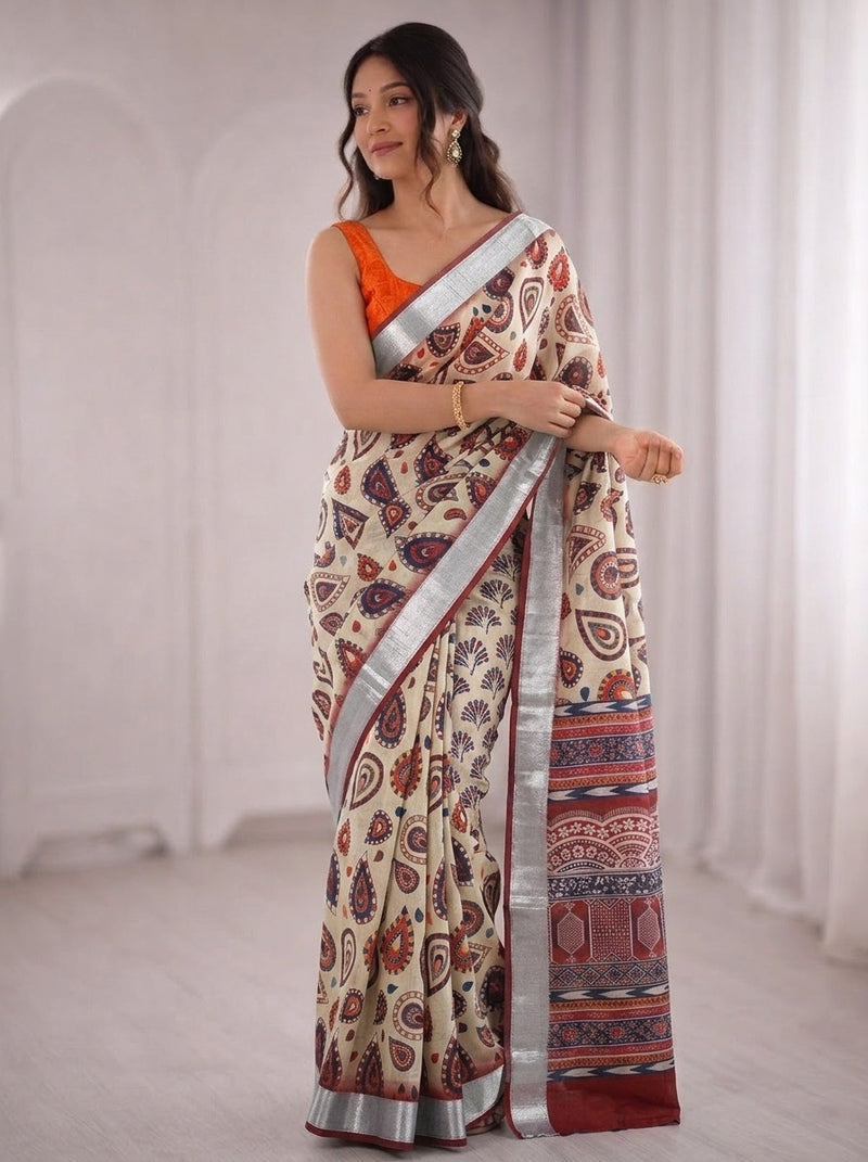 Beige printed saree with blouse piece