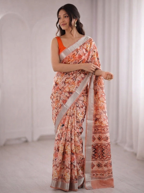 Peach printed saree with blouse piece