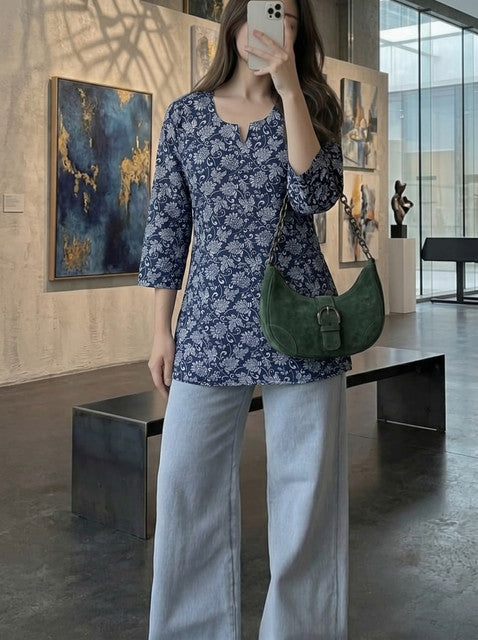 Navy Blue Floral Print Notch Neck 3/4 Sleeve Short Kurti