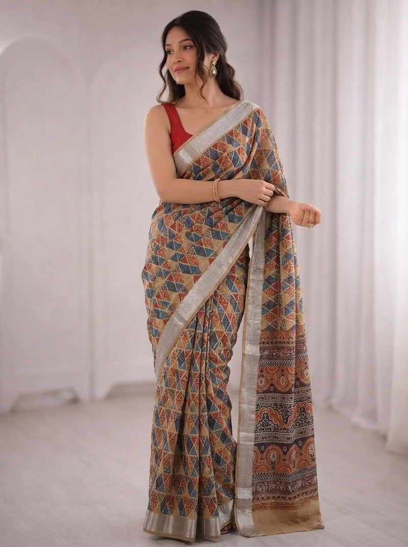 Beige printed saree with blouse piece