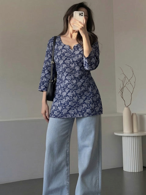 Navy Blue Floral Print Notch Neck 3/4 Sleeve Short Kurti