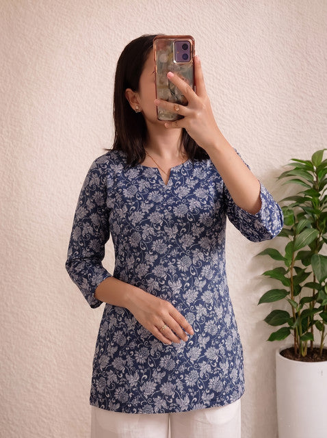 Navy Blue Floral Print Notch Neck 3/4 Sleeve Short Kurti