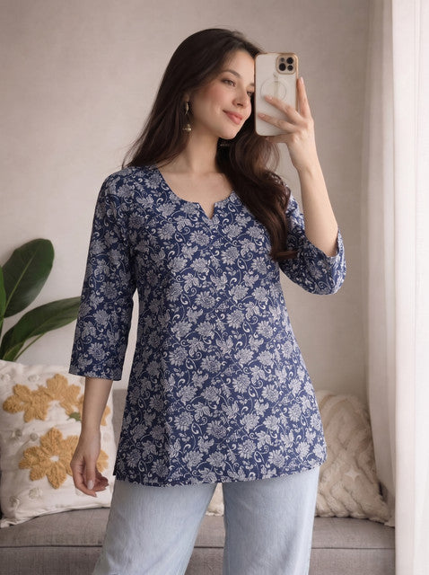 Navy Blue Floral Print Notch Neck 3/4 Sleeve Short Kurti
