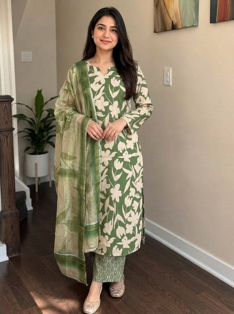 Green printed kurta with pant set and dupatta