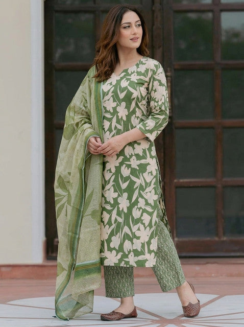 Green printed kurta with pant set and dupatta